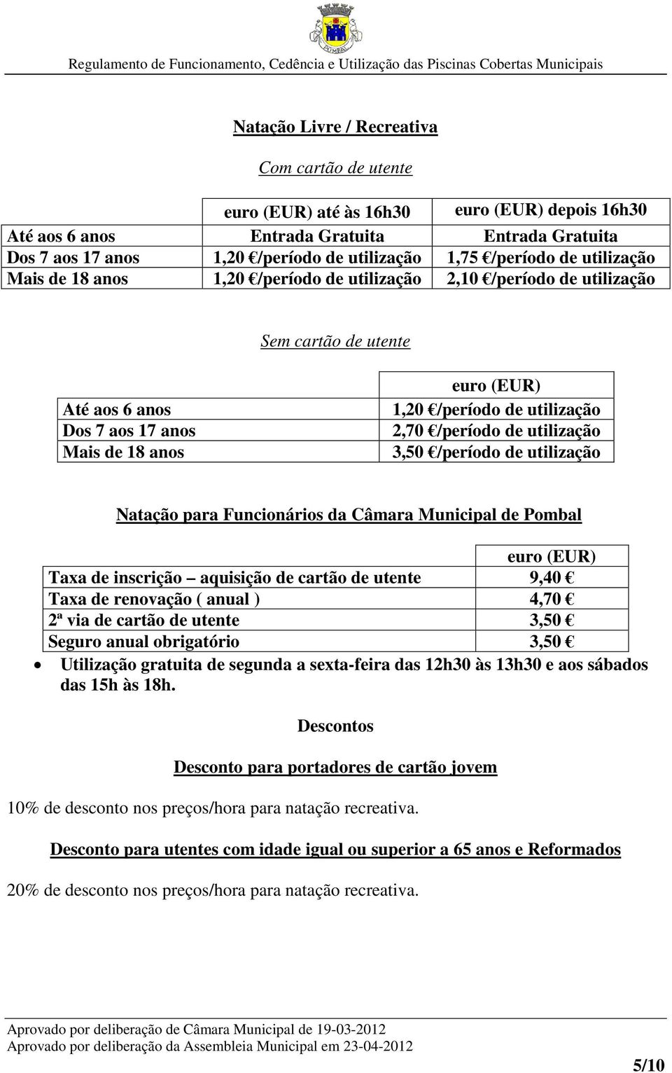 utilização 2,70 /período de utilização 3,50 /período de utilização Natação para Funcionários da Câmara Municipal de Pombal euro (EUR) Taxa de inscrição aquisição de cartão de utente 9,40 Taxa de