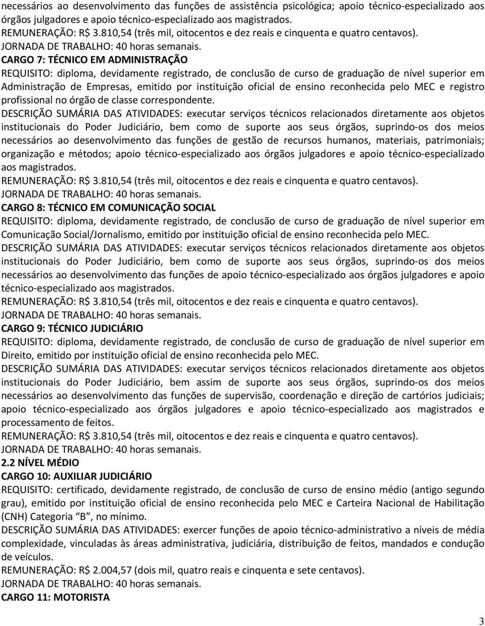 CARGO 7: TÉCNICO EM ADMINISTRAÇÃO REQUISITO: diploma, devidamente registrado, de conclusão de curso de graduação de nível superior em Administração de Empresas, emitido por instituição oficial de