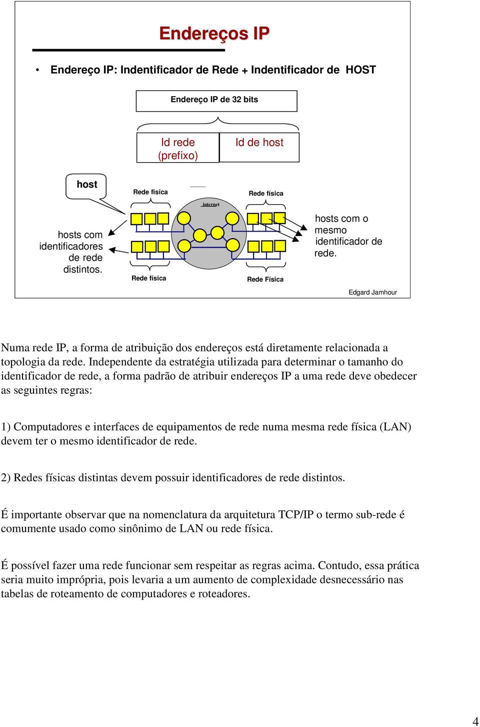 Independente da estratégia utilizada para determinar o tamanho do identificador de rede, a forma padrão de atribuir endereços IP a uma rede deve obedecer as seguintes regras: 1) Computadores e