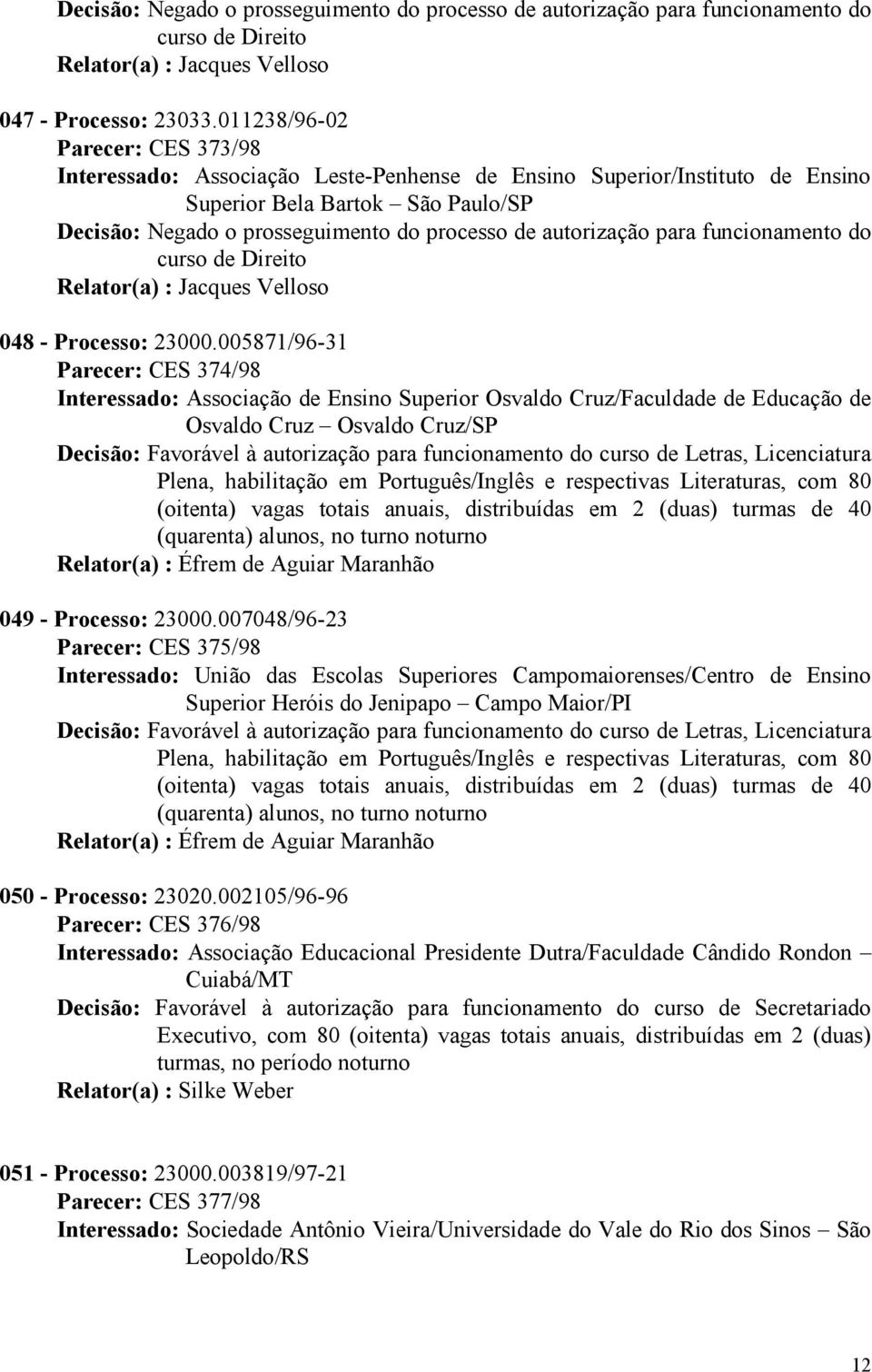 autorização para funcionamento do curso de Direito 048 - Processo: 23000.