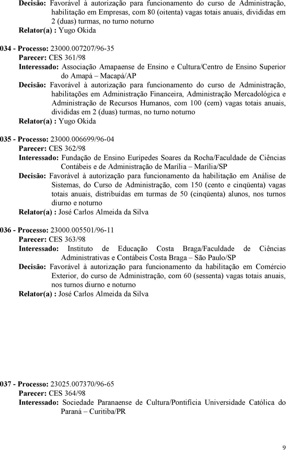 007207/96-35 Parecer: CES 361/98 Interessado: Associação Amapaense de Ensino e Cultura/Centro de Ensino Superior do Amapá Macapá/AP Decisão: Favorável à autorização para funcionamento do curso de