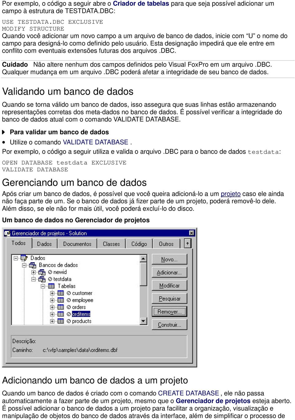 Esta designação impedirá que ele entre em conflito com eventuais extensões futuras dos arquivos.dbc. Cuidado Não altere nenhum dos campos definidos pelo Visual FoxPro em um arquivo.dbc. Qualquer mudança em um arquivo.