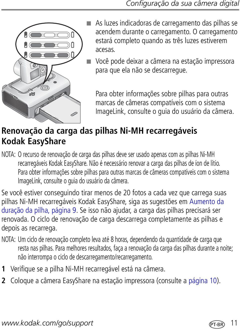 Para obter informações sobre pilhas para outras marcas de câmeras compatíveis com o sistema ImageLink, consulte o guia do usuário da câmera.