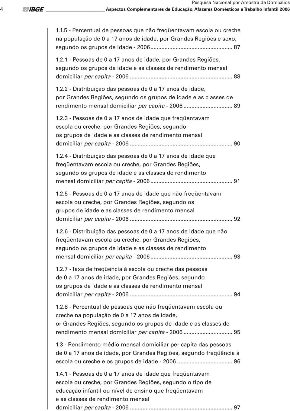 06... 87 1.2.1 - Pessoas de 0 a 17 anos de idade, por Grandes Regiões, segundo os grupos de idade e as classes de rendimento mensal domiciliar per capita - 2006... 88 1.2.2 - Distribuição das pessoas de 0 a 17 anos de idade, por Grandes Regiões, segundo os grupos de idade e as classes de rendimento mensal domiciliar per capita - 2006.