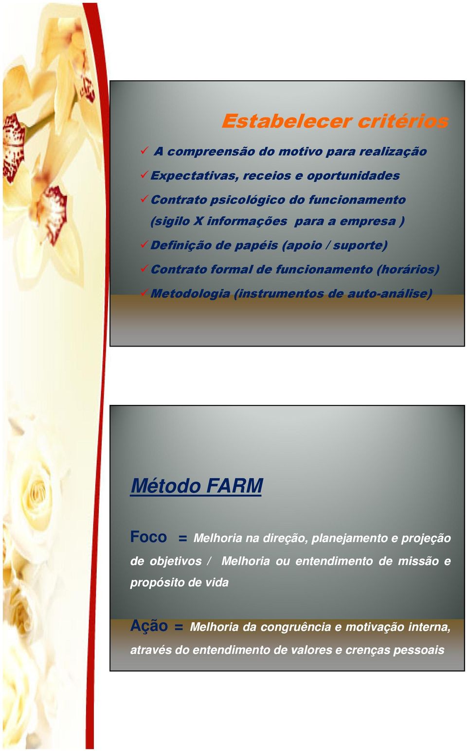 Metodologia (instrumentos de auto-análise) Método FARM Foco = Melhoria na direção, planejamento e projeção de objetivos / propósito de