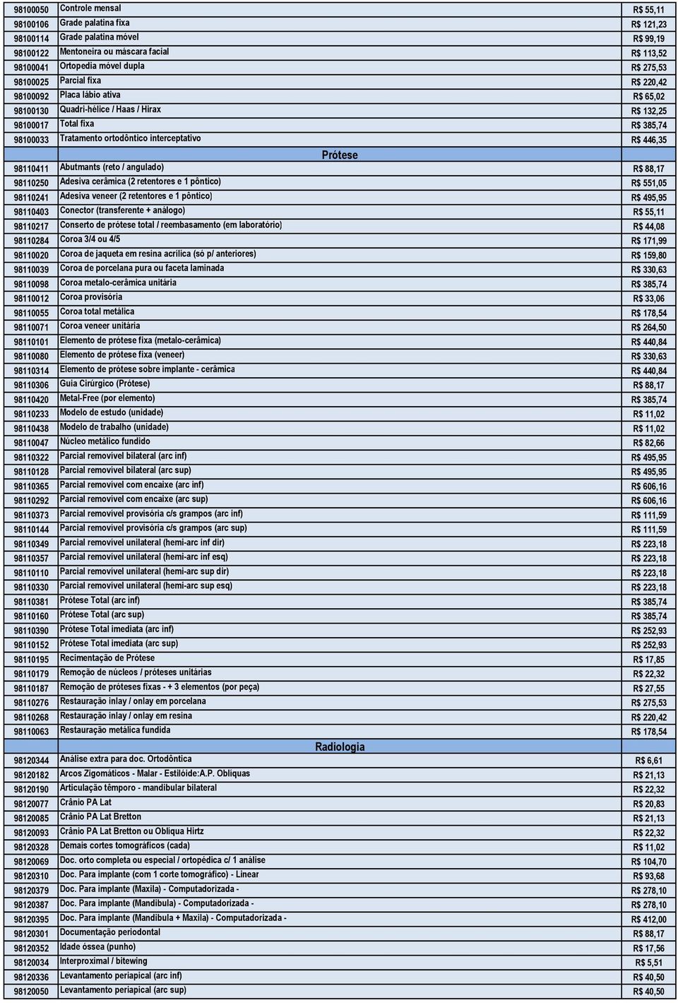 R$ 446,35 Prótese 98110411 Abutmants (reto / angulado) R$ 88,17 98110250 Adesiva cerâmica (2 retentores e 1 pôntico) R$ 551,05 98110241 Adesiva veneer (2 retentores e 1 pôntico) R$ 495,95 98110403