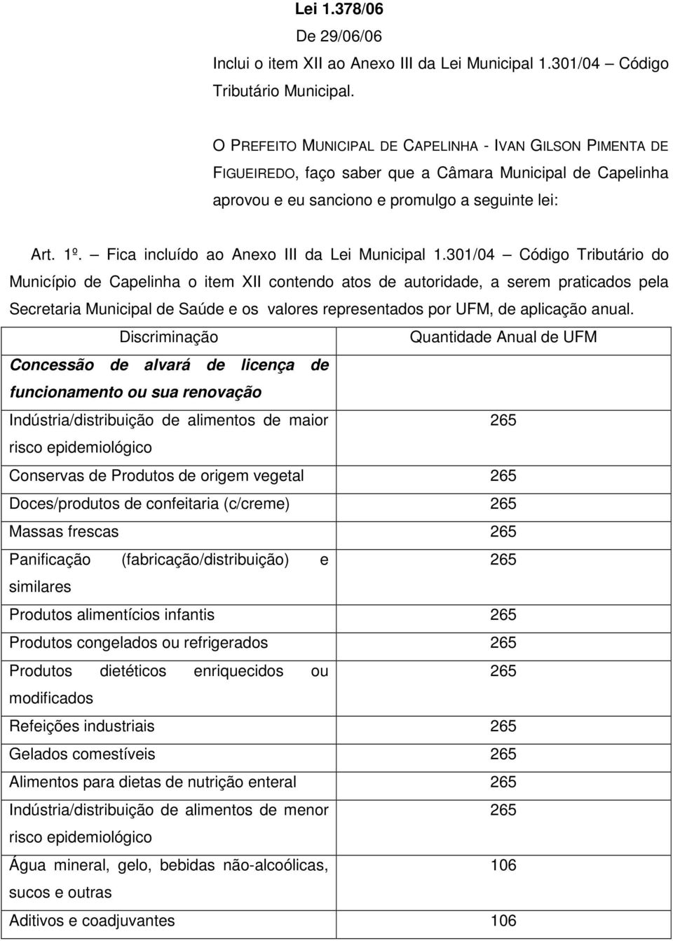 Fica incluído ao Anexo III da Lei Municipal 1.