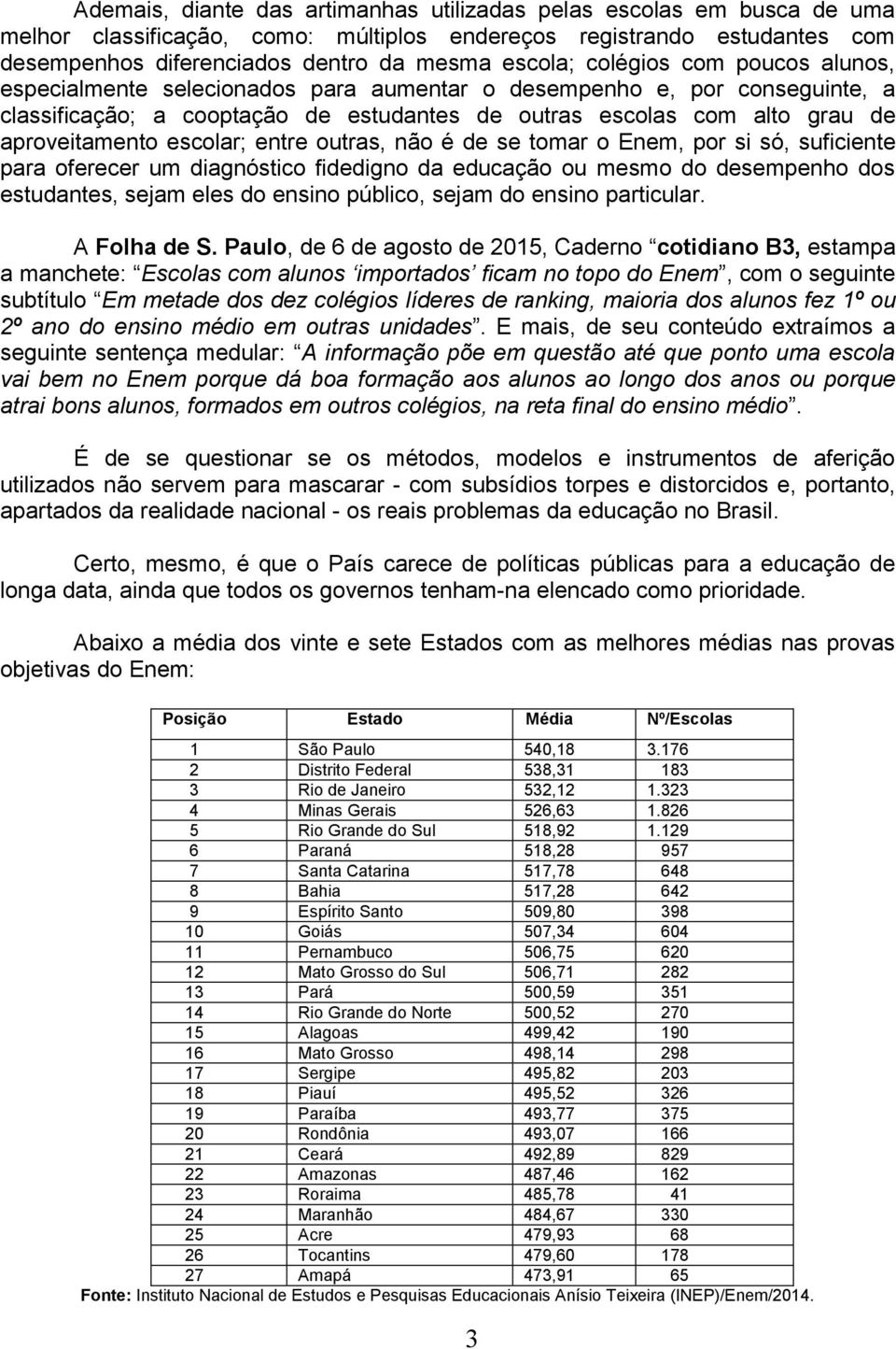 escolar; entre outras, não é de se tomar o Enem, por si só, suficiente para oferecer um diagnóstico fidedigno da educação ou mesmo do desempenho dos estudantes, sejam eles do ensino público, sejam do