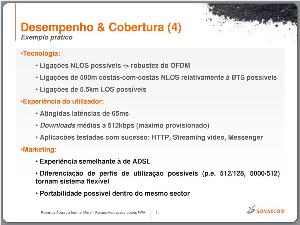 5km LOS possíveis Experiência do utilizador: Atingidas latências de 65ms Downloads médios a 512kbps (máximo provisionado) Aplicações