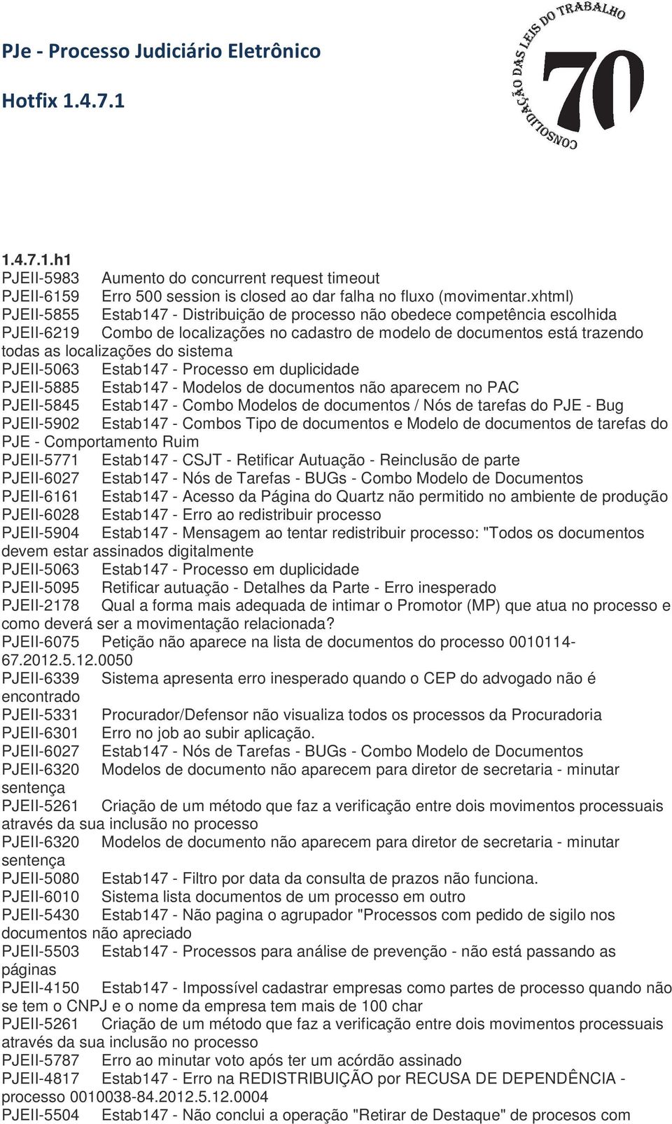 sistema PJEII-5063 Estab147 - Processo em duplicidade PJEII-5885 Estab147 - Modelos de documentos não aparecem no PAC PJEII-5845 Estab147 - Combo Modelos de documentos / Nós de tarefas do PJE - Bug