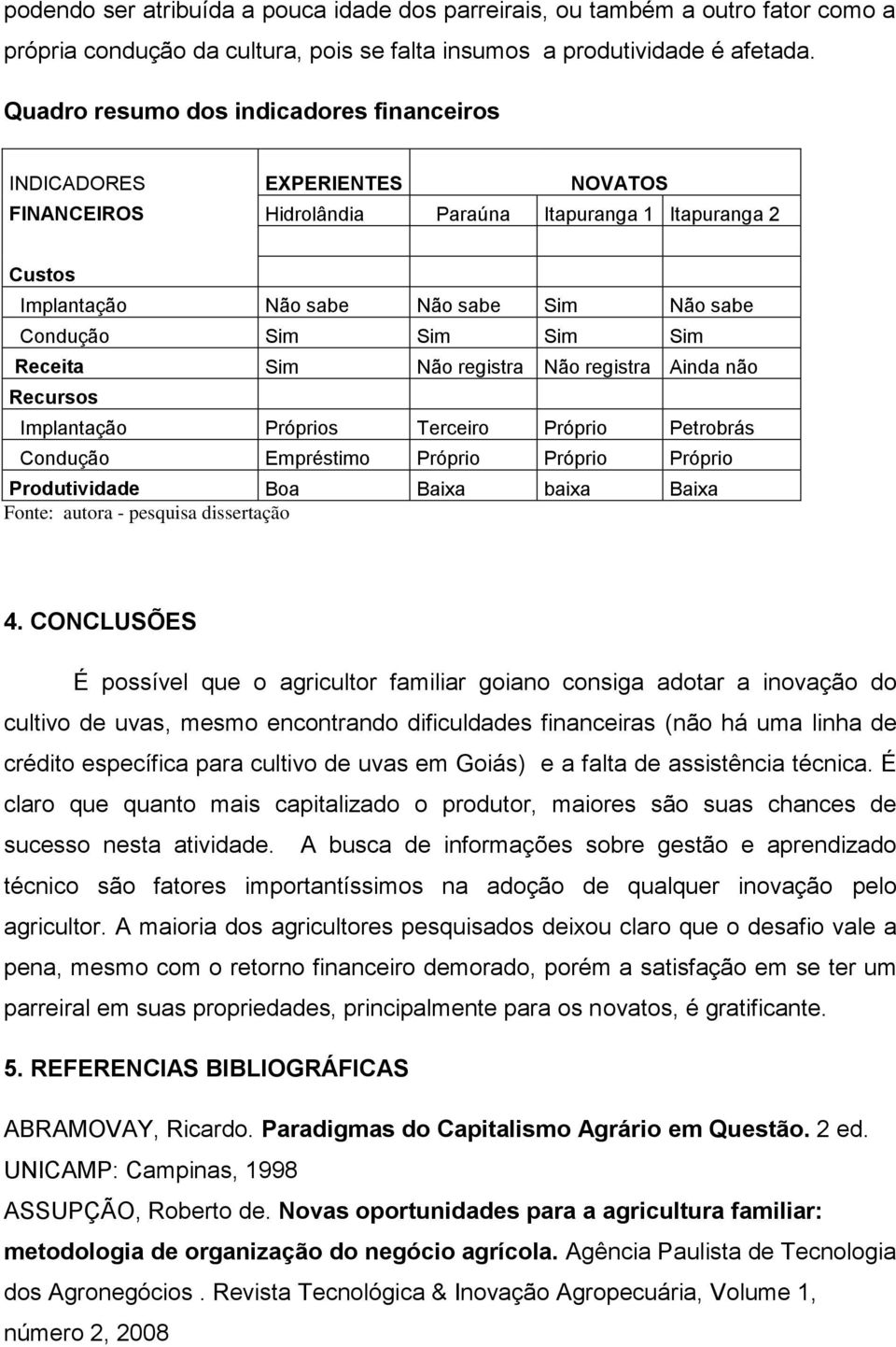 Não registra Ainda não Recursos Implantação Próprios Terceiro Próprio Petrobrás Condução Empréstimo Próprio Próprio Próprio Produtividade Boa Baixa baixa Baixa Fonte: autora - pesquisa dissertação 4.