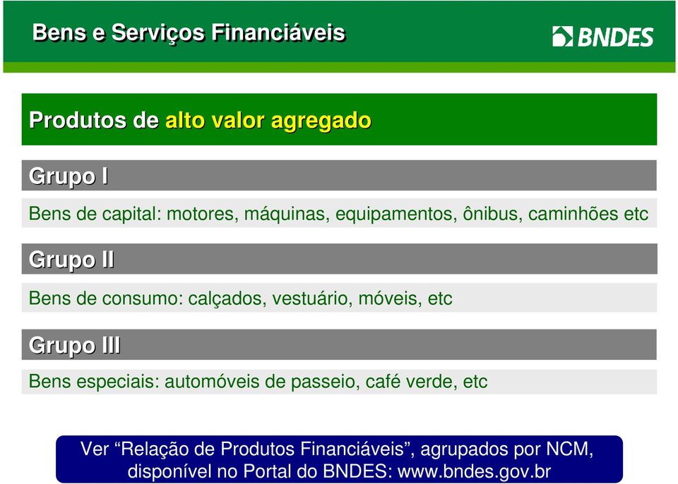 vestuário, móveis, etc Grupo III Bens especiais: automóveis de passeio, café verde, etc Ver