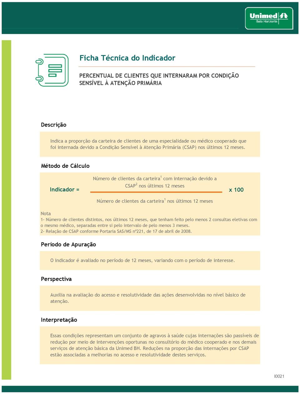 Número de clientes da carteira 1 com internação devido a CSAP 2 nos últimos 12 meses x 100 Número de clientes da carteira 1 nos últimos 12 meses 1- Número de clientes distintos, nos últimos 12 meses,