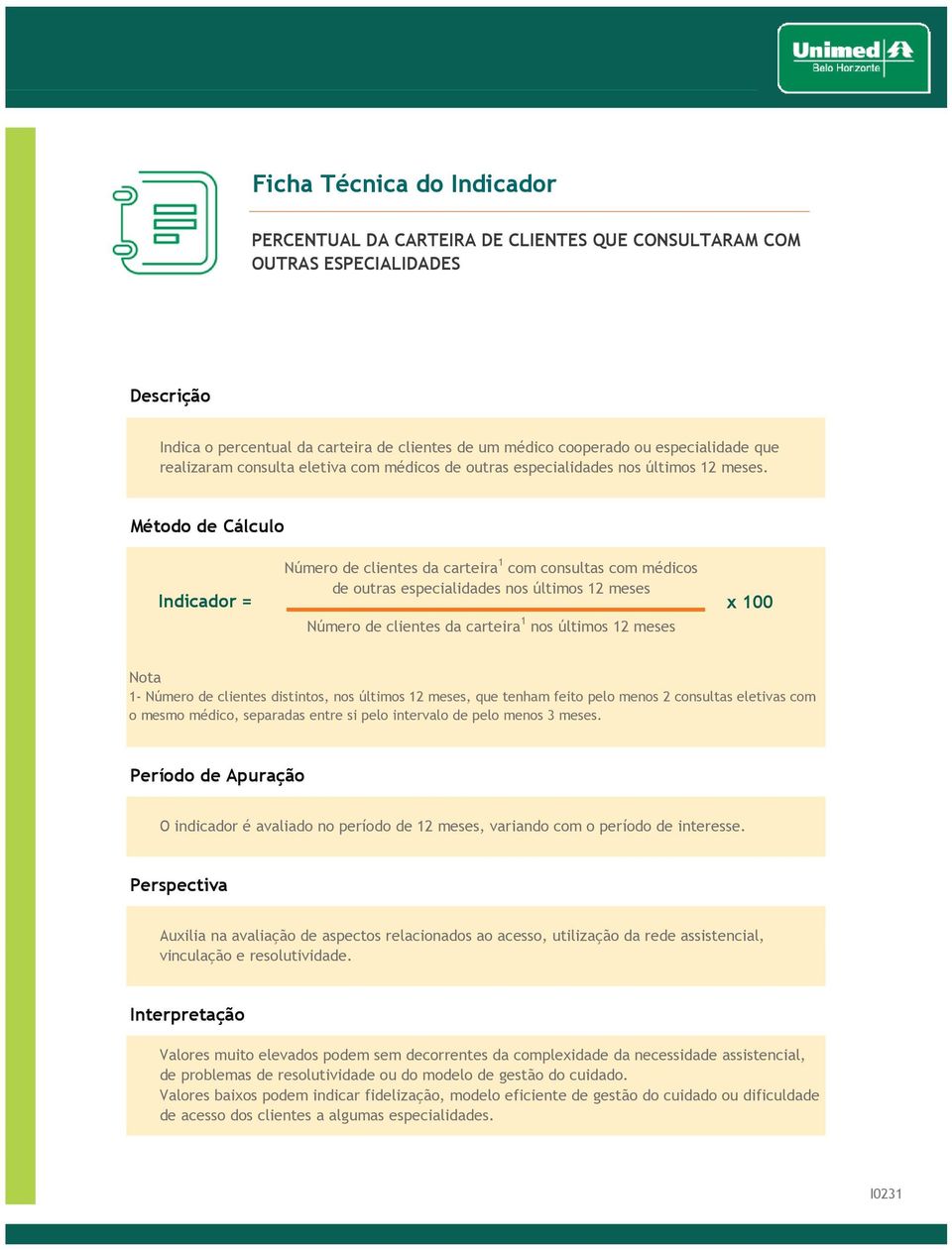 Número de clientes da carteira 1 com consultas com médicos de outras especialidades nos últimos 12 meses x 100 Número de clientes da carteira 1 nos últimos 12 meses 1- Número de clientes distintos,