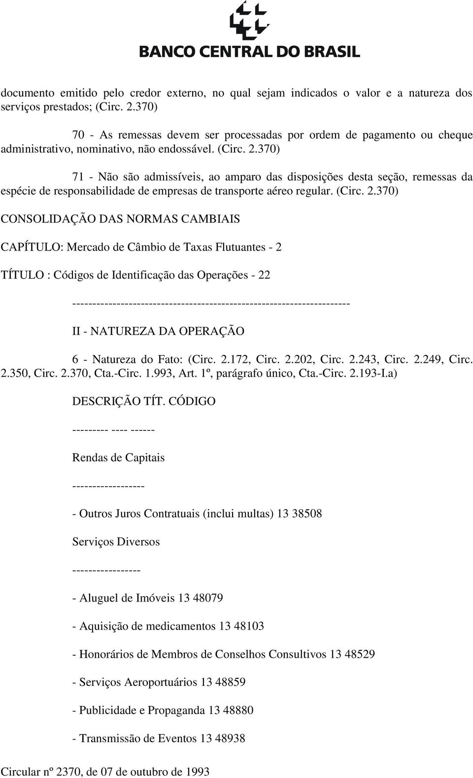 CONSOLIDAÇÃO DAS NORMAS CAMBIAIS CAPÍTULO: Mercado de Câmbio de Taxas Flutuantes - 2 TÍTULO : Códigos de Identificação das Operações - 22