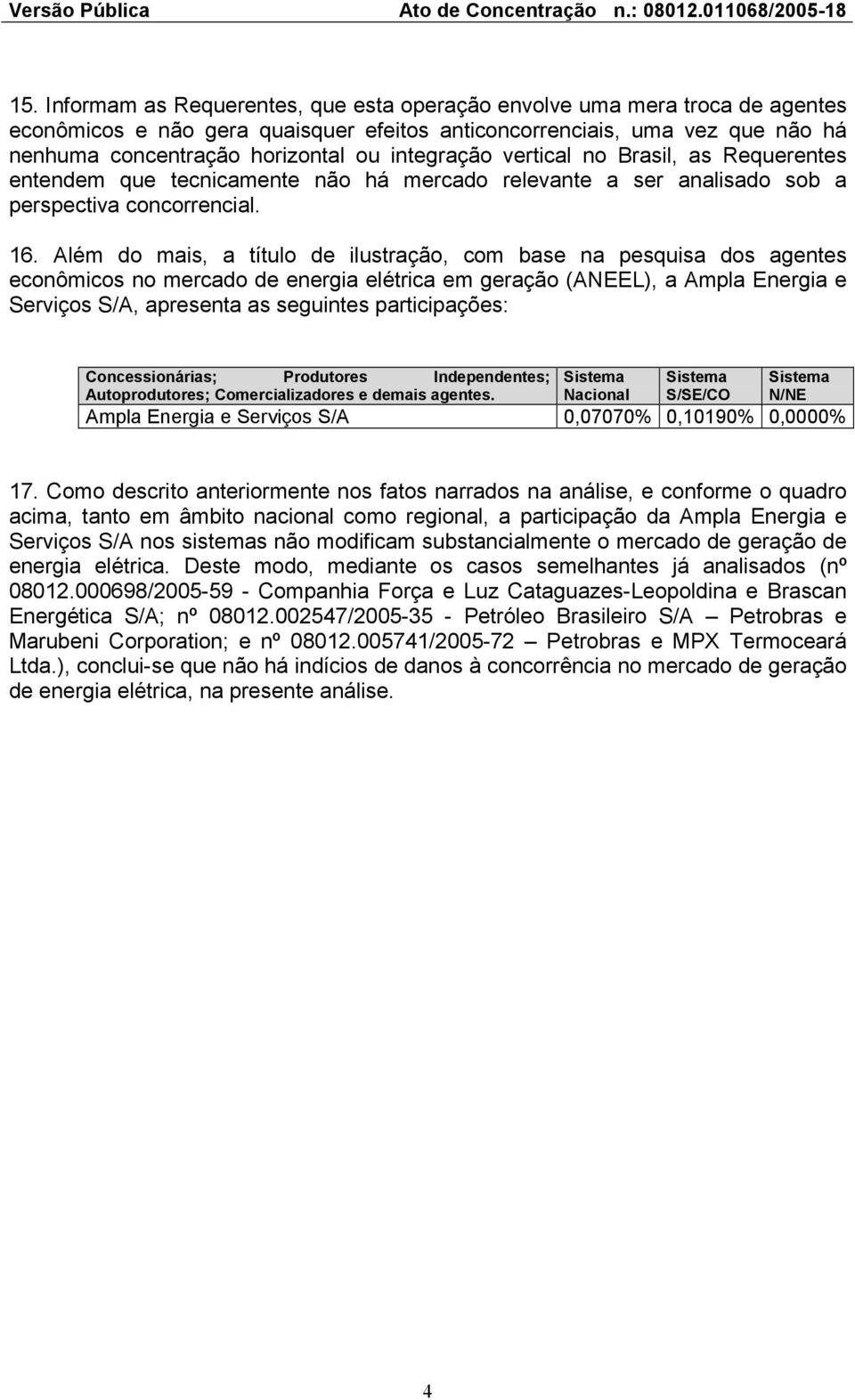 Além do mais, a título de ilustração, com base na pesquisa dos agentes econômicos no mercado de energia elétrica em geração (ANEEL), a Ampla Energia e Serviços S/A, apresenta as seguintes