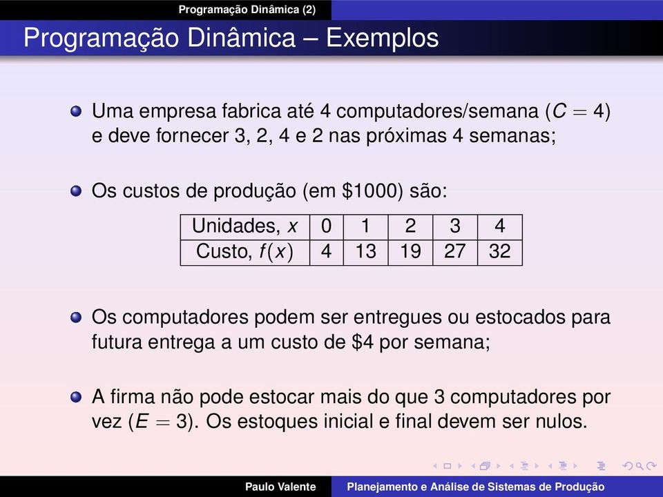 computadores podem ser entregues ou estocados para futura entrega a um custo de $4 por semana; A