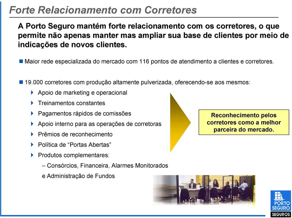 000 corretores com produção altamente pulverizada, oferecendo-se aos mesmos: Apoio de marketing e operacional Treinamentos constantes Pagamentos rápidos de comissões Reconhecimento