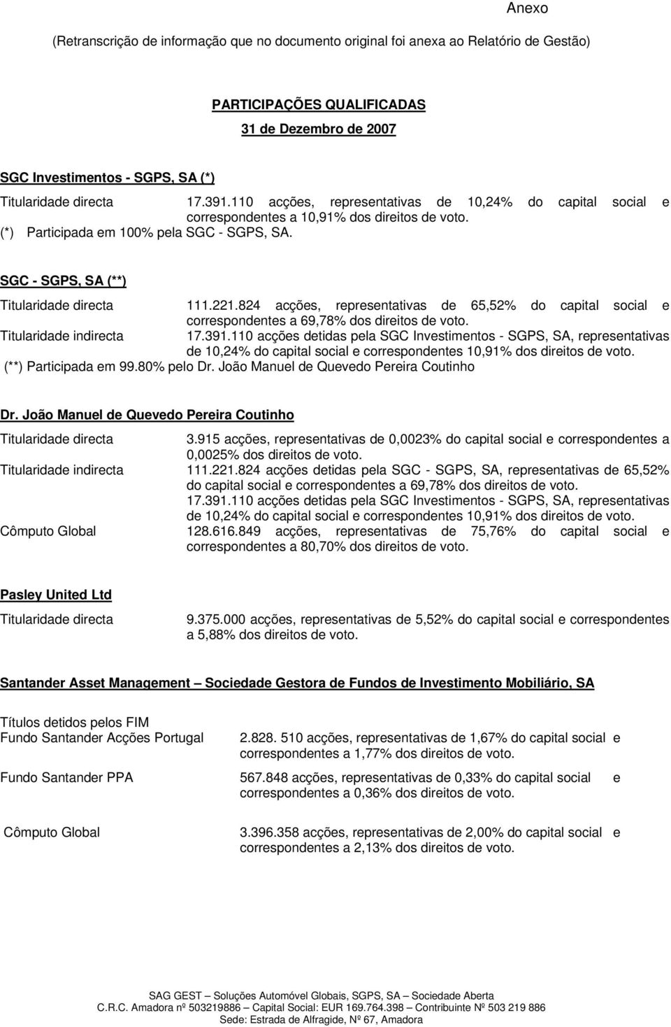 SGC - SGPS, SA (**) Titularidade directa 111.221.824 acções, representativas de 65,52% do capital social e correspondentes a 69,78% dos direitos de voto. Titularidade indirecta 17.391.