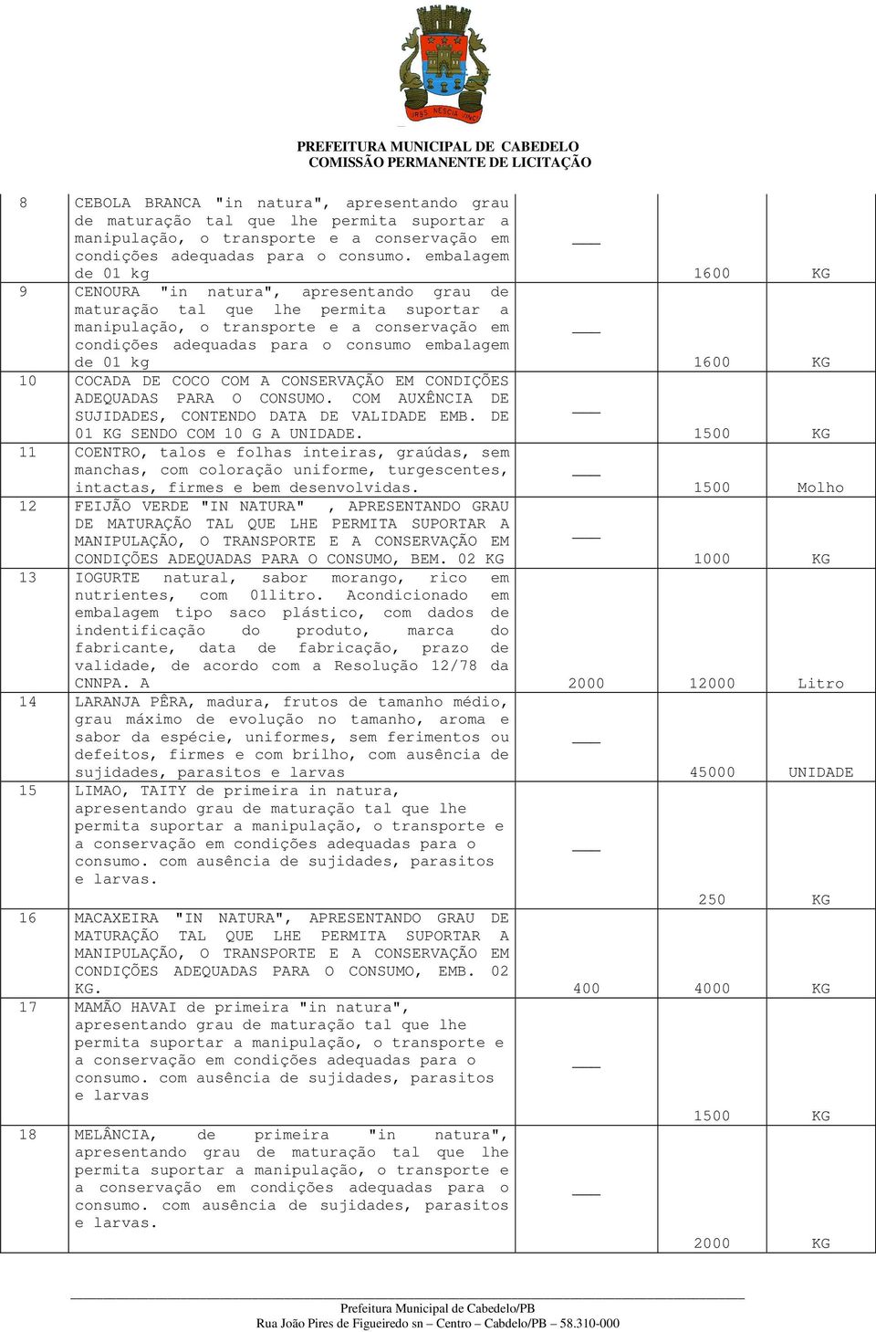 kg 10 COCADA DE COCO COM A CONSERVAÇÃO EM CONDIÇÕES ADEQUADAS PARA O CONSUMO. COM AUXÊNCIA DE SUJIDADES, CONTENDO DATA DE VALIDADE EMB. DE 01 KG SENDO COM 10 G A UNIDADE.