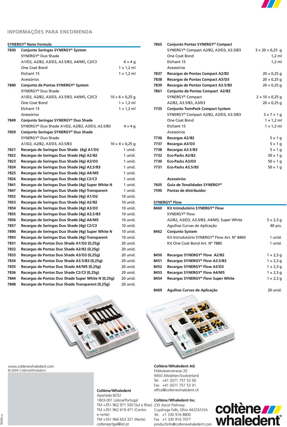 5/B3, A4/M5, C2/C3 10 6 0,25 g One Coat Bond Etchant 15 Acessórios 7849 Conjunto Seringas SYNERGY Duo Shade SYNERGY Duo Shade A1/D2, A2/B2, A3/D3, A3.