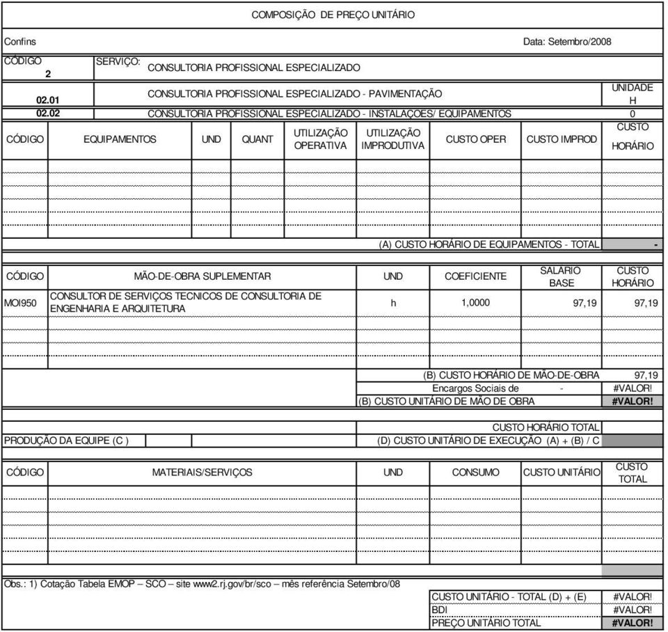 HORÁRIO DE EQUIPAMENTOS - TOTAL - CÓDIGO MÃO-DE-OBRA SUPLEMENTAR UND COEFICIENTE SALÁRIO CUSTO BASE HORÁRIO CONSULTOR DE SERVIÇOS TECNICOS DE CONSULTORIA DE MOI950 ENGENHARIA E ARQUITETURA h 1,0000