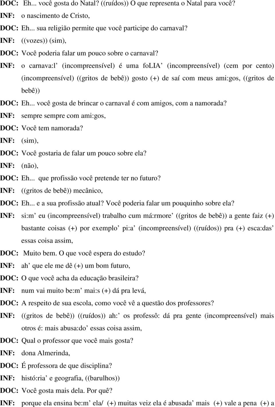 INF: o carnava:l (incompreensível) é uma folia (incompreensível) (cem por cento) (incompreensível) ((gritos de bebê)) gosto (+) de saí com meus ami:gos, ((gritos de bebê)) DOC: Eh.