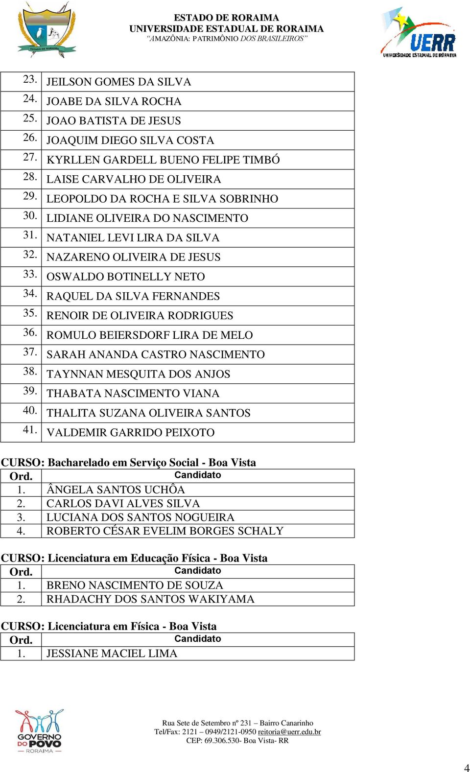 RENOIR DE OLIVEIRA RODRIGUES 36. ROMULO BEIERSDORF LIRA DE MELO 37. SARAH ANANDA CASTRO NASCIMENTO 38. TAYNNAN MESQUITA DOS ANJOS 39. THABATA NASCIMENTO VIANA 40. THALITA SUZANA OLIVEIRA SANTOS 41.