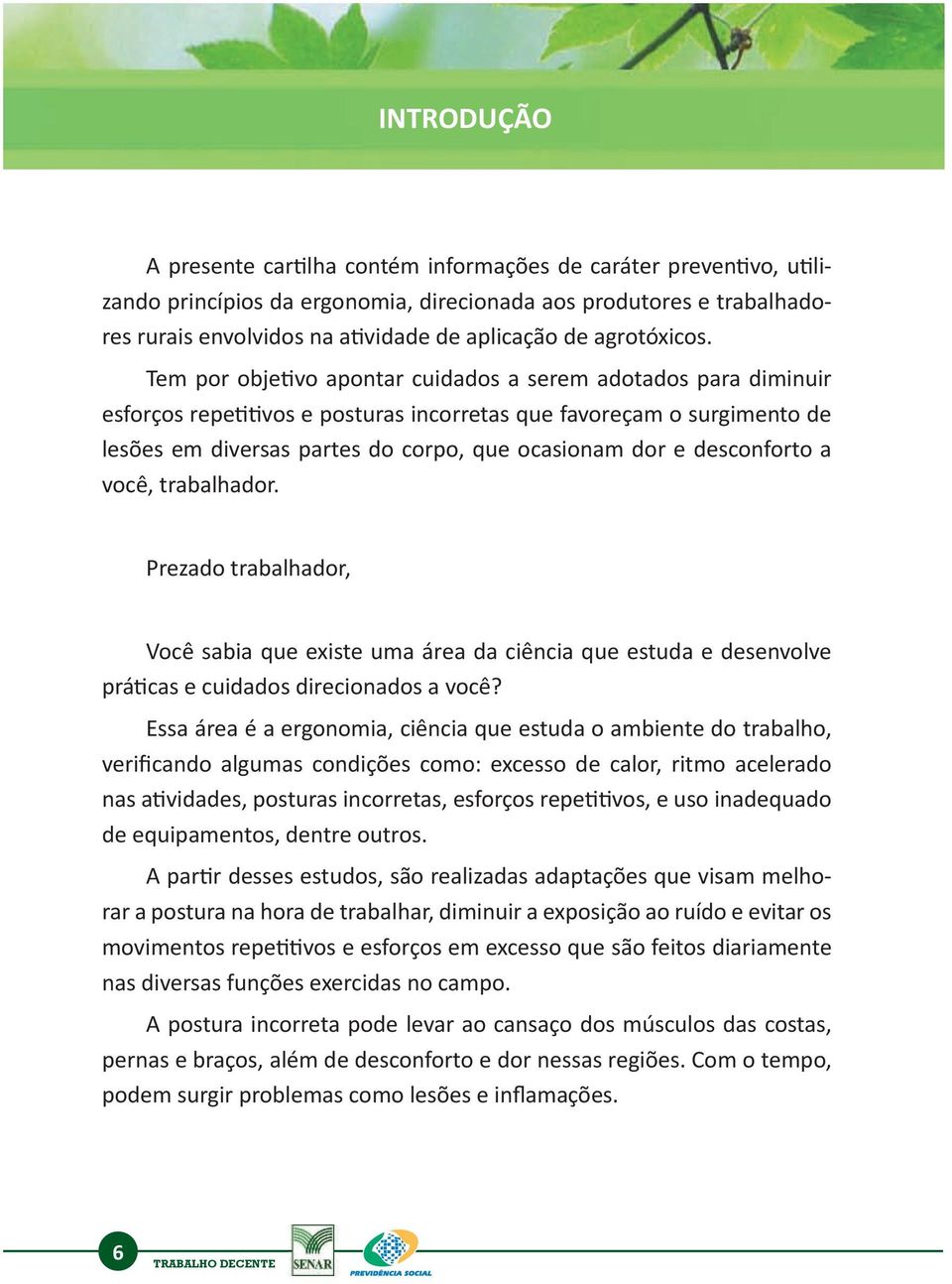 Tem por objetivo apontar cuidados a serem adotados para diminuir esforços repetitivos e posturas incorretas que favoreçam o surgimento de lesões em diversas partes do corpo, que ocasionam dor e