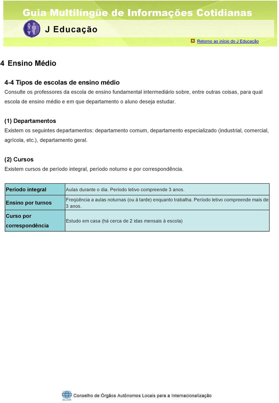 ), departamento geral. (2) Cursos Existem cursos de período integral, período noturno e por correspondência.