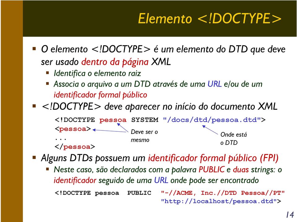 identificador formal público <!DOCTYPE> deve aparecer no início do documento XML <!DOCTYPE pessoa SYSTEM "/docs/dtd/pessoa.dtd"> <pessoa> Deve ser o.