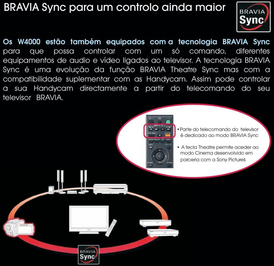 A tecnologia BRAVIA Sync é uma evolução da função BRAVIA Theatre Sync mas com a compatibilidade suplementar com as Handycam.