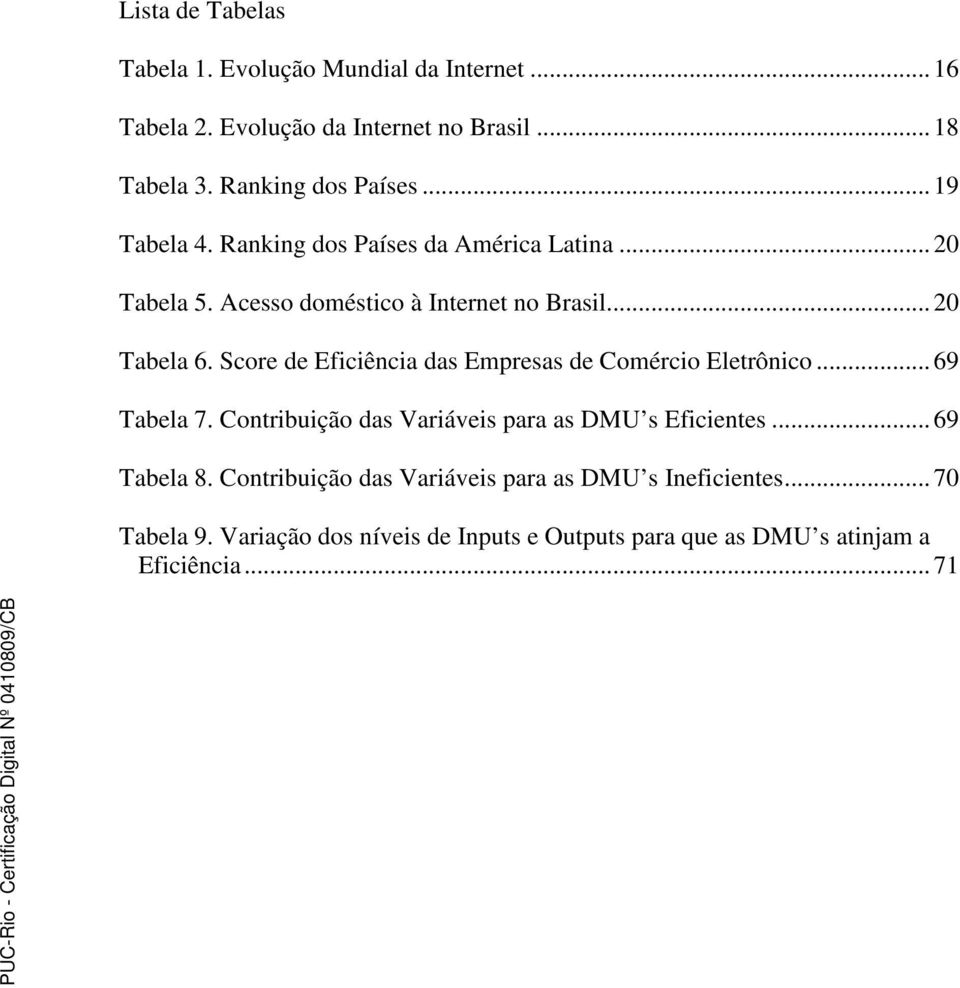 Score de Eficiência das Empresas de Comércio Eletrônico...69 Tabela 7. Contribuição das Variáveis para as DMU s Eficientes...69 Tabela 8.