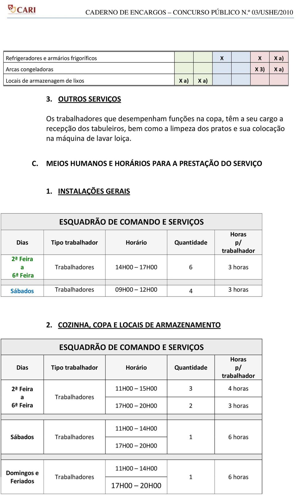 MEIOS HUMANOS E HORÁRIOS PARA A PRESTAÇÃO DO SERVIÇO 1.