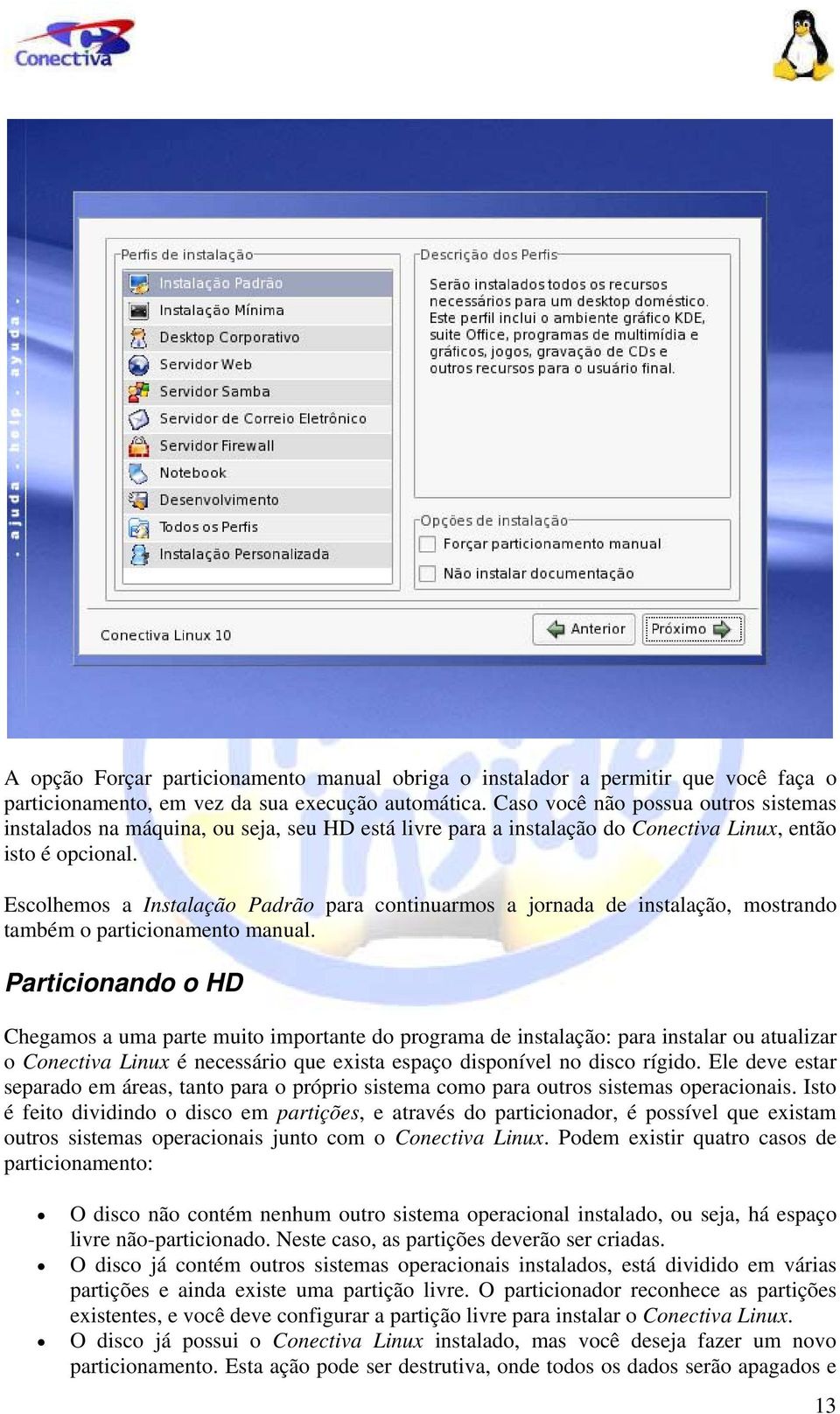 Escolhemos a Instalação Padrão para continuarmos a jornada de instalação, mostrando também o particionamento manual.