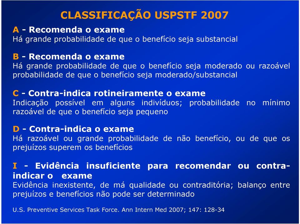 benefício seja pequeno D - Contra-indica o exame Há razoável ou grande probabilidade de não benefício, ou de que os prejuízos superem os benefícios I - Evidência insuficiente para recomendar ou