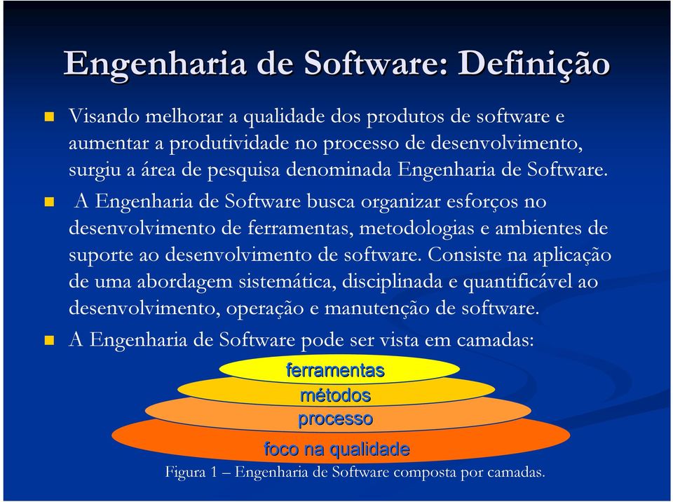 A Engenharia de Software busca organizar esforços no desenvolvimento de ferramentas, metodologias e ambientes de suporte ao desenvolvimento de software.