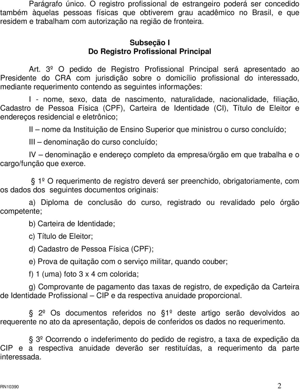 Subseção I Do Registro Profissional Principal Art.