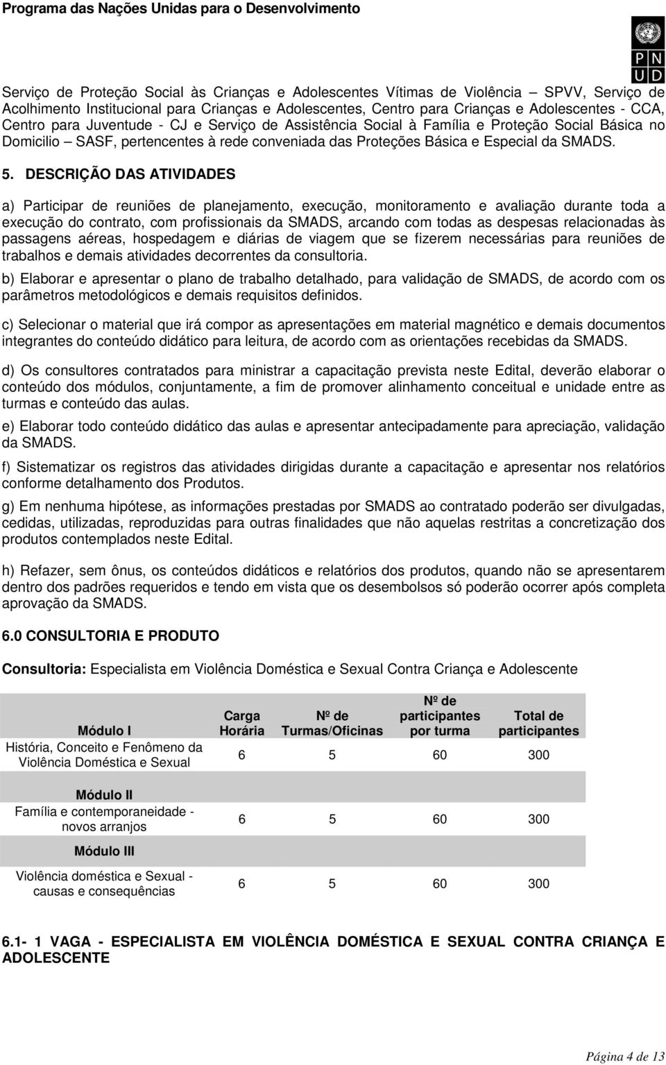 DESCRIÇÃO DAS ATIVIDADES a) Participar de reuniões de planejamento, execução, monitoramento e avaliação durante toda a execução do contrato, com profissionais da SMADS, arcando com todas as despesas