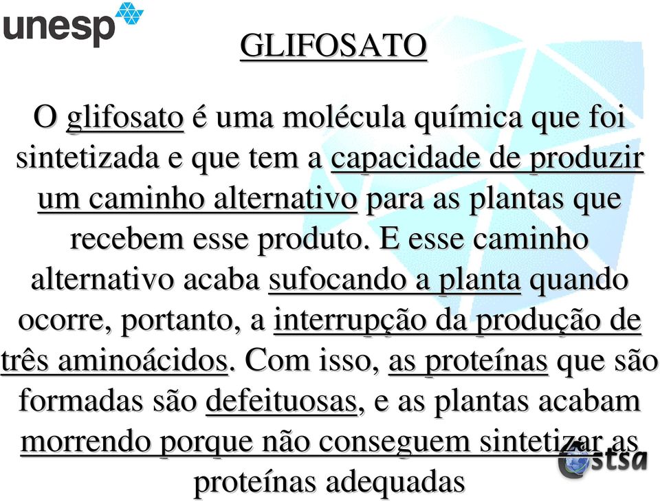 E esse caminho alternativo acaba sufocando a planta quando ocorre, portanto, a interrupção da produção de