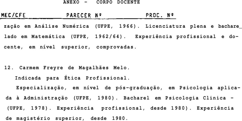 Experiência profissional e docente, em nível superior, comprovadas. 12. Carmem Freyre de Magalhães Melo.