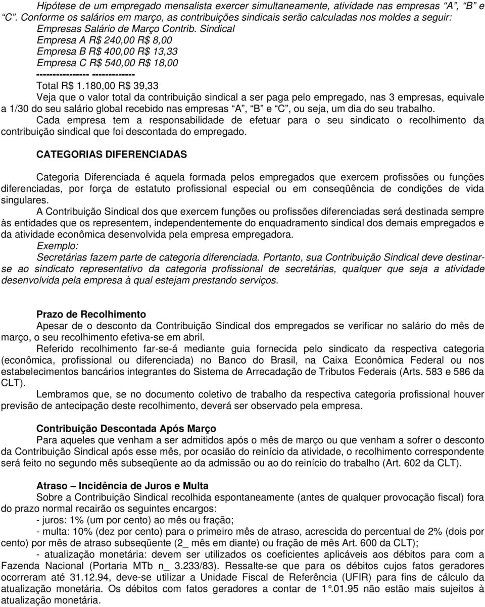 Sindical Empresa A R$ 240,00 R$ 8,00 Empresa B R$ 400,00 R$ 13,33 Empresa C R$ 540,00 R$ 18,00 ---------------- ------------- Total R$ 1.