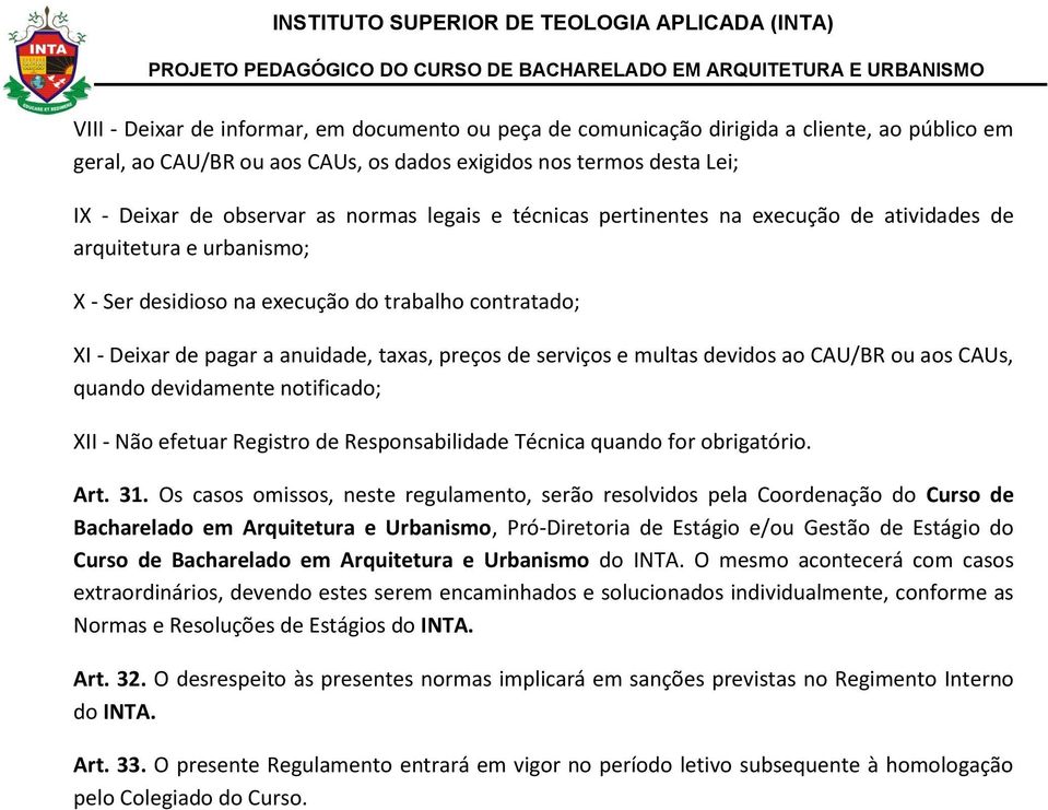 serviços e multas devidos ao CAU/BR ou aos CAUs, quando devidamente notificado; XII - Não efetuar Registro de Responsabilidade Técnica quando for obrigatório. Art. 31.