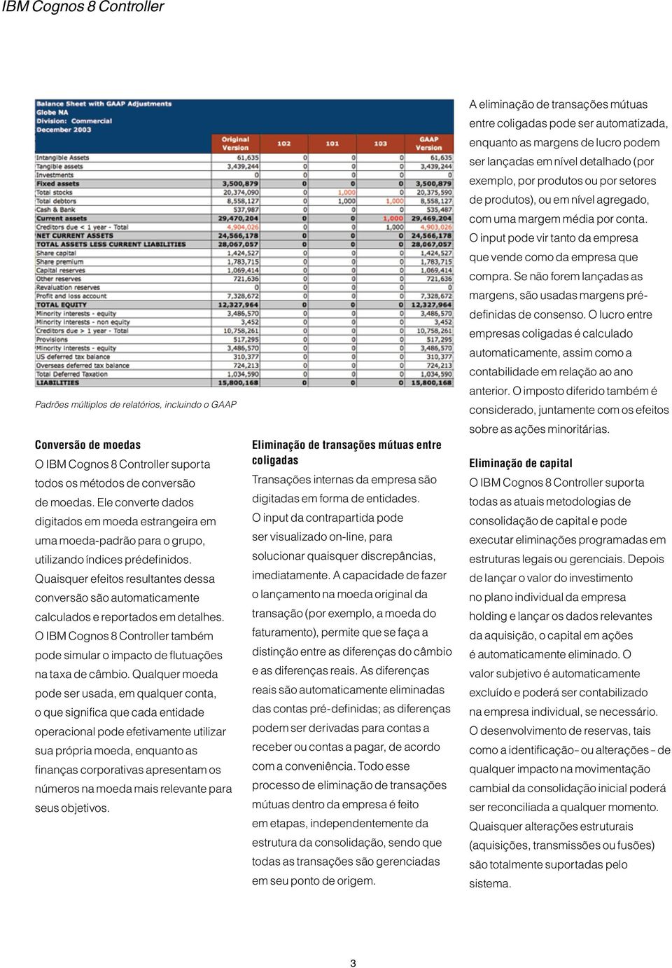 Quaisquer efeitos resultantes dessa conversão são automaticamente calculados e reportados em detalhes. O IBM Cognos 8 Controller também pode simular o impacto de flutuações na taxa de câmbio.