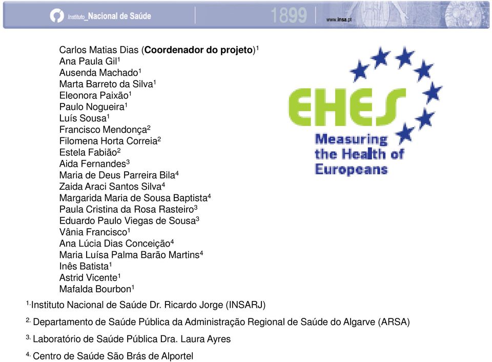 Paulo Viegas de Sousa 3 Vânia Francisco 1 Ana Lúcia Dias Conceição 4 Maria Luísa Palma Barão Martins 4 Inês Batista 1 Astrid Vicente 1 Mafalda Bourbon 1 1. Instituto Nacional de Saúde Dr.