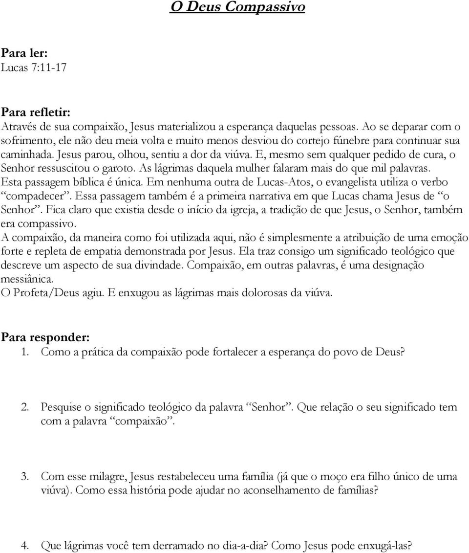 E, mesmo sem qualquer pedido de cura, o Senhor ressuscitou o garoto. As lágrimas daquela mulher falaram mais do que mil palavras. Esta passagem bíblica é única.