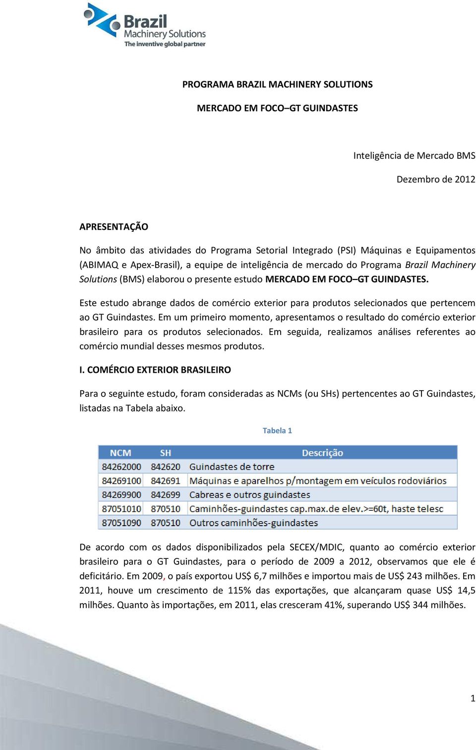 Este estudo abrange dados de comércio exterior para produtos selecionados que pertencem ao GT Guindastes.