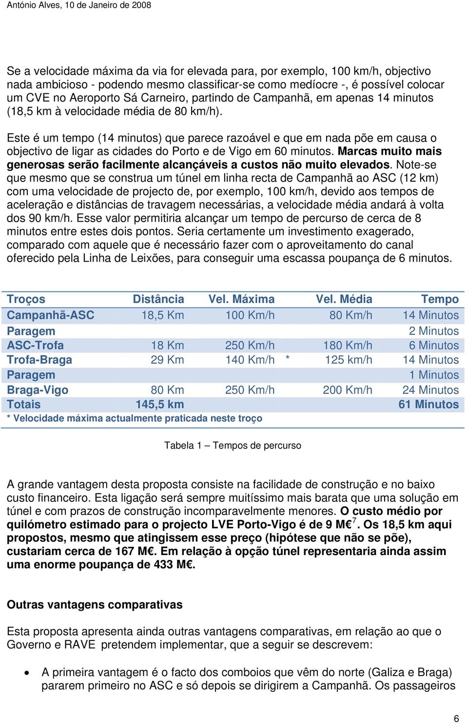 Este é um tempo (14 minutos) que parece razoável e que em nada põe em causa o objectivo de ligar as cidades do Porto e de Vigo em 60 minutos.