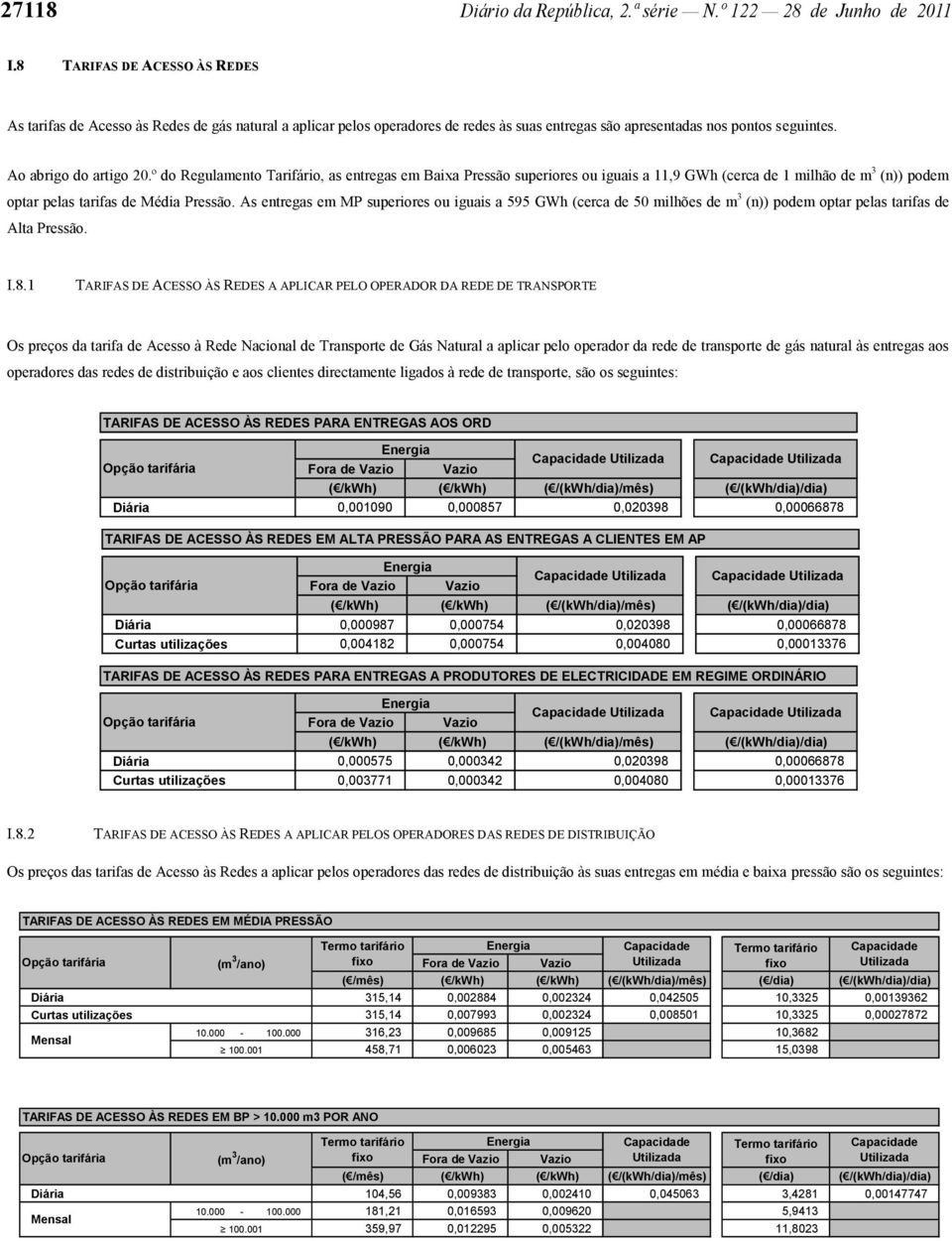 º do Regulamento Tarifário, as entregas em Baixa Pressão superiores ou iguais a 11,9 GWh (cerca de 1 milhão de m 3 (n)) podem optar pelas tarifas de Média Pressão.