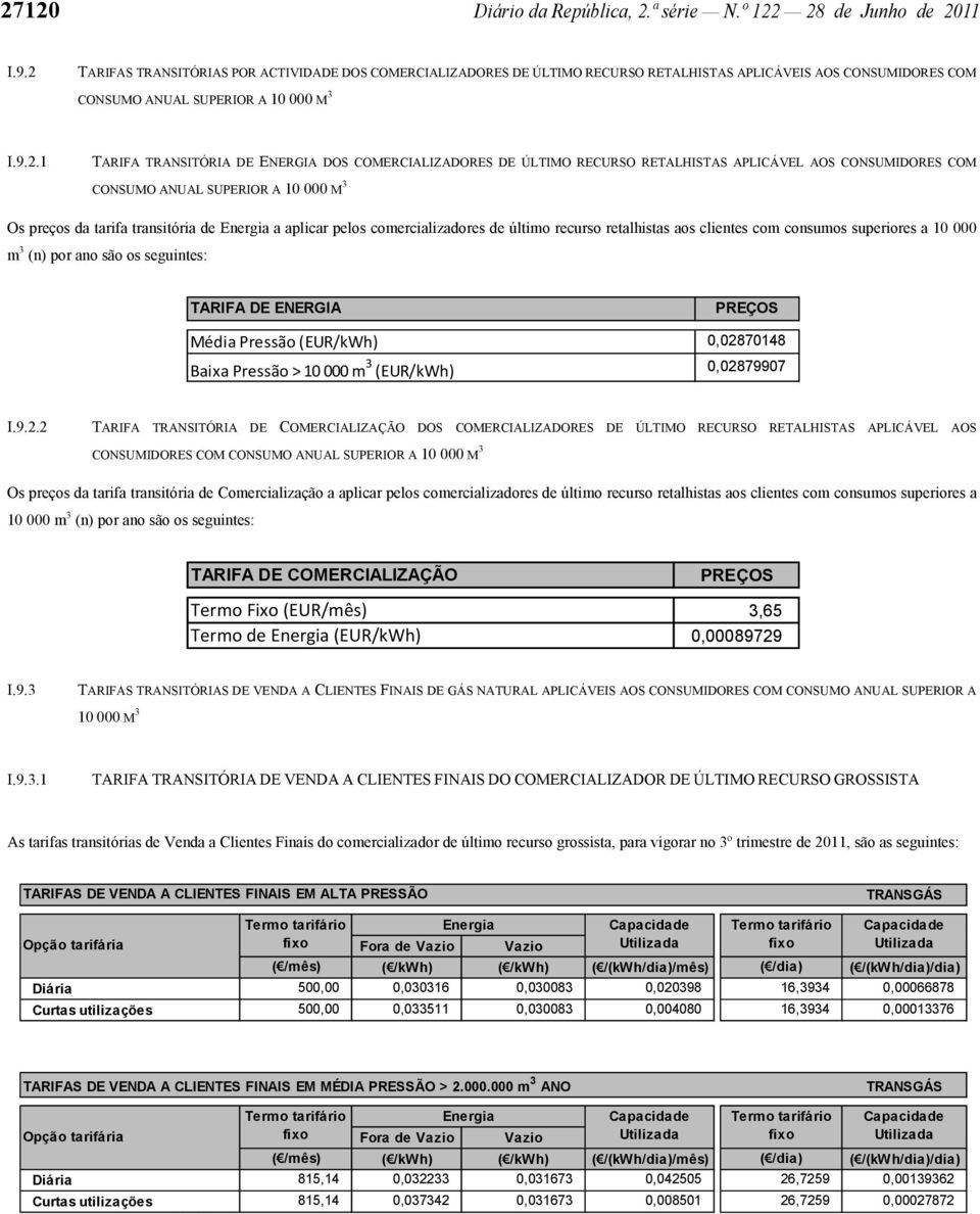 COMERCIALIZADORES DE ÚLTIMO RECURSO RETALHISTAS APLICÁVEL AOS CONSUMIDORES COM CONSUMO ANUAL SUPERIOR A 10 000 M 3 Os preços da tarifa transitória de a aplicar pelos comercializadores de último